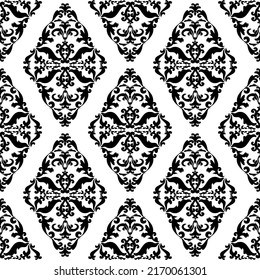 Black decorative ornament. Seamless pattern in damask style. Vector floral pattern for fabric, ceramic tile or wrapping paper design.