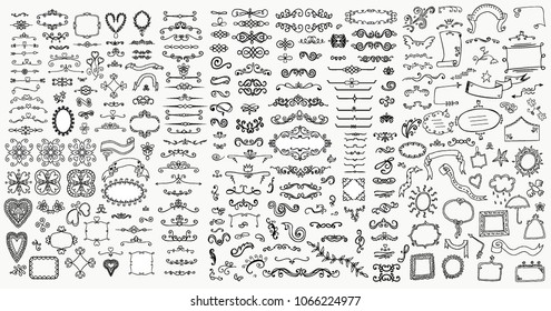 Black decorative ornate frames and floral elements. Love decor, floral doodles, ribbons, hearts for border, design template, invitation. Hand drawing wedding, Valentine day, holiday, Birthday day ink. - Shutterstock ID 1066224977