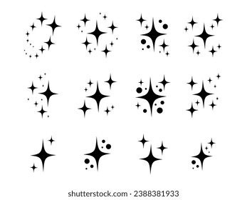 Black decorative sparkles set, sparkling stars, shiny flashes of fireworks. Collection original stars. Vector illustration