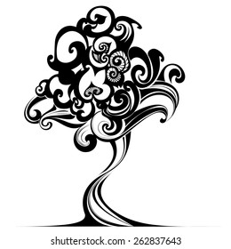 Black decorative tree silhouette isolated on white background