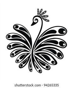 Black decorative vector bird silhouette with floral graphic ornament on white background