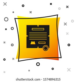 Black Decree, paper, parchment, scroll icon icon isolated on white background. Yellow square button. Vector Illustration