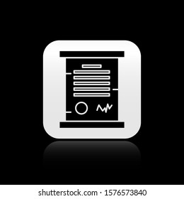 Black Decree, paper, parchment, scroll icon icon isolated on black background. Silver square button. Vector Illustration