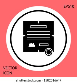 Black Decree, paper, parchment, scroll icon icon isolated on red background. White circle button. Vector Illustration
