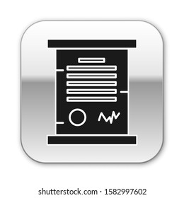 Black Decree, paper, parchment, scroll icon icon isolated on white background. Silver square button. Vector Illustration