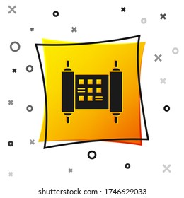 Black Decree, paper, parchment, scroll icon icon isolated on white background. Chinese scroll. Yellow square button. Vector Illustration