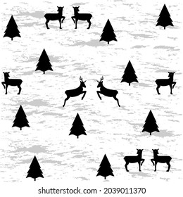 Black deer and christmas tree chaotic seamless pattern. Fashion graphic background design. Modern stylish abstract texture. Monochrome template for prints, textiles, wrapping, wallpaper. Vector illust