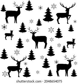 Black deer and christmas tree chaotic seamless pattern. Fashion graphic background design. Modern stylish abstract texture. Monochrome template for prints, textiles, wrapping, wallpaper. Vector illust