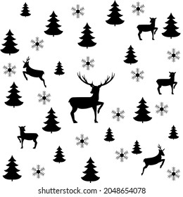 Black deer and christmas tree chaotic seamless pattern. Fashion graphic background design. Modern stylish abstract texture. Monochrome template for prints, textiles, wrapping, wallpaper. Vector illust