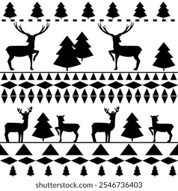 Black deer and Christmas tree on white seamless. Fashion graphic background design. Modern stylish abstract texture. Monochrome template for prints, textiles, wrapping, wallpaper. Vector illustration