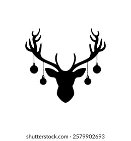 
Black deer head with hanging ornaments  silhouette vector illustration on white background