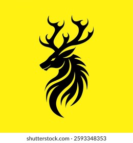  Black Deer Head Silhouette with Abstract Antlers on Yellow Background – Vector Illustration