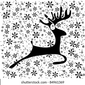 Black deer on the white background with black snowflakes