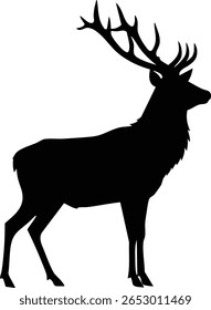 Uma silhueta de veado preto com galhadas detalhadas se destaca em um perfil branco, enfatizando a vida selvagem e temas da natureza com um humor calmo e natural.