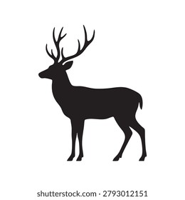 Black deer silhouette is displayed against a white background a simple animal