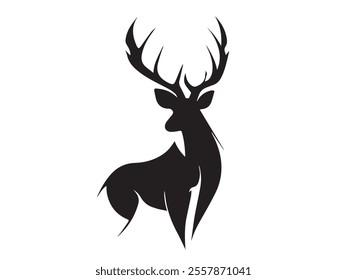 Black deer silhouette on white background. Deer silhouette vector. Animal silhouette. Deer vector Illustration. 