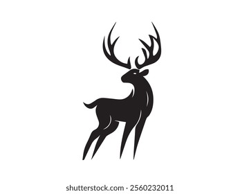 Black deer silhouette on white background. Deer silhouette vector. Animal silhouette. Deer vector Illustration. 