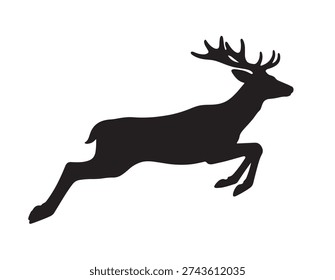 Black deer silhouette running in side view, clean minimal vector illustration isolated on white background, wildlife and nature concept.