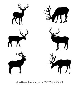 Conjunto de silueta de ciervo negro aislado sobre fondo blanco, Formas de animales salvajes para logotipos de caza, tatuajes, carteles, impresiones y diseños de naturaleza.