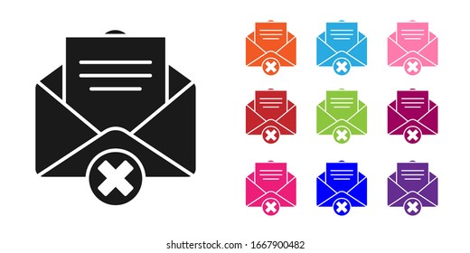 Black Delete envelope icon isolated on white background. Delete or error letter. Cross on message. Rejected mail. Set icons colorful. Vector Illustration