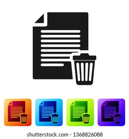Black Delete file document icon isolated on white background. Paper sheet with recycle bin sign. Rejected document icon. Cross on paper. Set icon in color square buttons. Vector Illustration