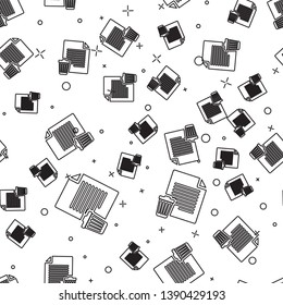 Black Delete file document icon isolated seamless pattern on white background. Paper sheet with recycle bin sign. Rejected document icon. Cross on paper. Vector Illustration