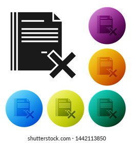Black Delete file document icon isolated on white background. Rejected document icon. Cross on paper. Set icons colorful circle buttons. Vector Illustration