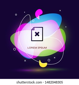 Black Delete file document icon isolated on dark blue background. Rejected document icon. Cross on paper. Abstract banner with liquid shapes. Vector Illustration