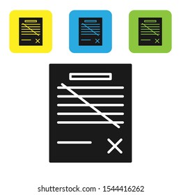 Black Delete file document icon isolated on white background. Rejected document icon. Cross on paper. Set of colorful square icon buttons. Vector Illustration