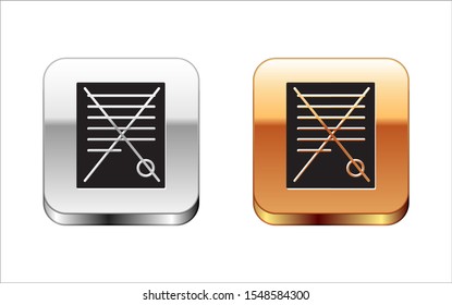 Black Delete file document icon isolated on white background. Rejected document icon. Cross on paper. Silver-gold square button. Vector Illustration