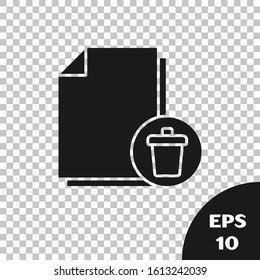 Black Delete file document icon isolated on transparent background. Paper sheet with recycle bin sign. Rejected document. Cross on paper.  Vector Illustration