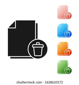 Black Delete file document icon isolated on white background. Paper sheet with recycle bin sign. Rejected document. Cross on paper. Set icons colorful. Vector Illustration