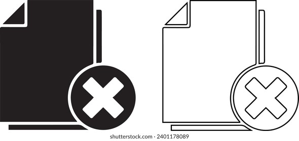 Black Delete file document icon. Rejected document icon. Cross on paper. 