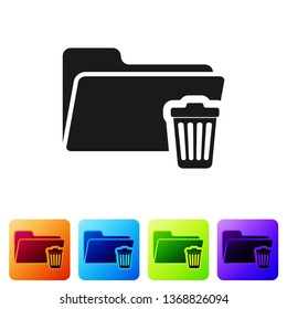 Black Delete folder icon isolated on white background. Folder with recycle bin. Delete or error folder. Close computer information folder sign. Set icon in color square buttons. Vector Illustration