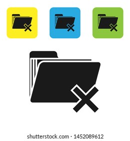 Black Delete folder icon isolated on white background. Folder with recycle bin. Delete or error folder. Close computer information folder. Set icons colorful square buttons. Vector Illustration