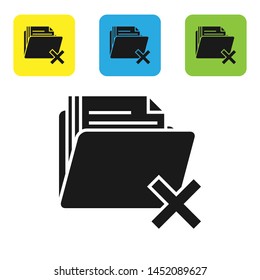 Black Delete folder icon isolated on white background. Folder with recycle bin. Delete or error folder. Close computer information folder. Set icons colorful square buttons. Vector Illustration