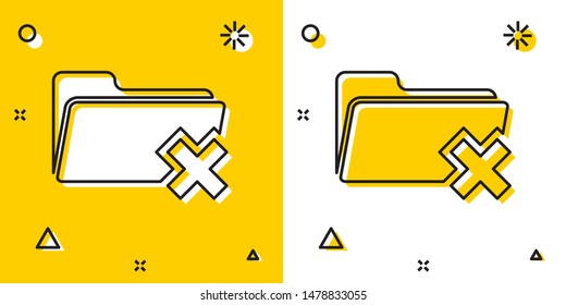Black Delete folder icon isolated on yellow and white background. Folder with recycle bin. Delete or error folder. Close computer information folder. Random dynamic shapes. Vector Illustration