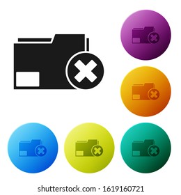 Black Delete folder icon isolated on white background. Delete or error folder. Close computer information folder. Set icons colorful circle buttons. Vector Illustration