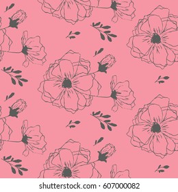 Black delicate flowers on a pink background.  wallpaper seamless  flower pattern.  Delicate floral background. Pink graphic print