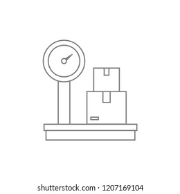 Black delivery 2 package boxes scale thin line icon, luggage weight checking. Simple modern flat design template for app, ui, ux, web, button, interface vector eps 10 isolated on white background 