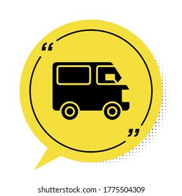 Black Delivery cargo truck vehicle icon isolated on white background. Yellow speech bubble symbol. Vector Illustration