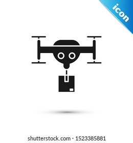 Black Delivery drone with the package icon isolated on white background. Drone delivering cardboard box.  Vector Illustration
