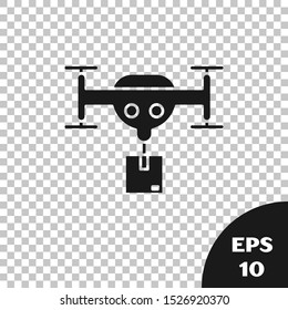 Black Delivery drone with the package icon isolated on transparent background. Drone delivering cardboard box.  Vector Illustration