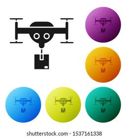 Black Delivery drone with the package icon isolated on white background. Drone delivering cardboard box. Set icons colorful circle buttons. Vector Illustration