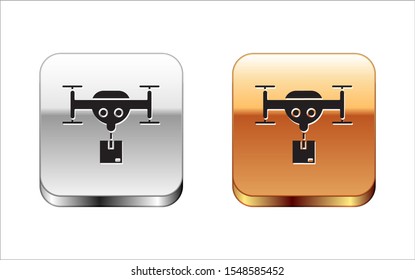 Black Delivery drone with the package icon isolated on white background. Drone delivering cardboard box. Silver-gold square button. Vector Illustration