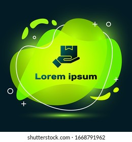 Black Delivery hand with cardboard boxes icon isolated on black background. Door to door delivery by courier. Abstract banner with liquid shapes. Vector Illustration