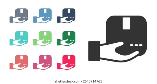Black Delivery hand with cardboard boxes icon isolated on white background. Door to door delivery by courier. Set icons colorful. Vector