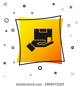 Black Delivery insurance icon isolated on white background. Insured cardboard boxes beyond the shield. Yellow square button. Vector