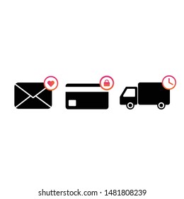 black delivery machine icon, envelope and credit card and white background