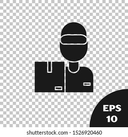 Black Delivery man with cardboard boxes icon isolated on transparent background. Door to door delivery by courier.  Vector Illustration